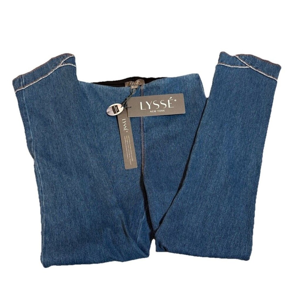 Lysse Knit Denim Leggings Size XS Womens Scallop Hem Crop Capri Mid Wash NWT WP3